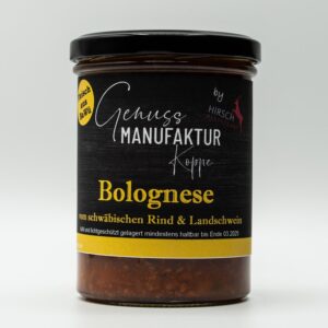 Prudktbild Bolognese vom schwäbischen Rind & Landschwein, Das Bild zeigt das Gericht abgefüllt im Glas mit einem Etikett