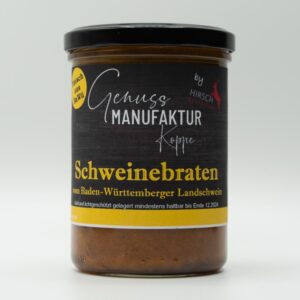 Prudktbild Schweinebraten, Das Bild zeigt das Gericht abgefüllt im Glas mit einem Etikett