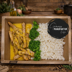 Hähnchengeschnetzeltes mit Mango-Kokos-Currysoße, Brokkoli & Reis TK