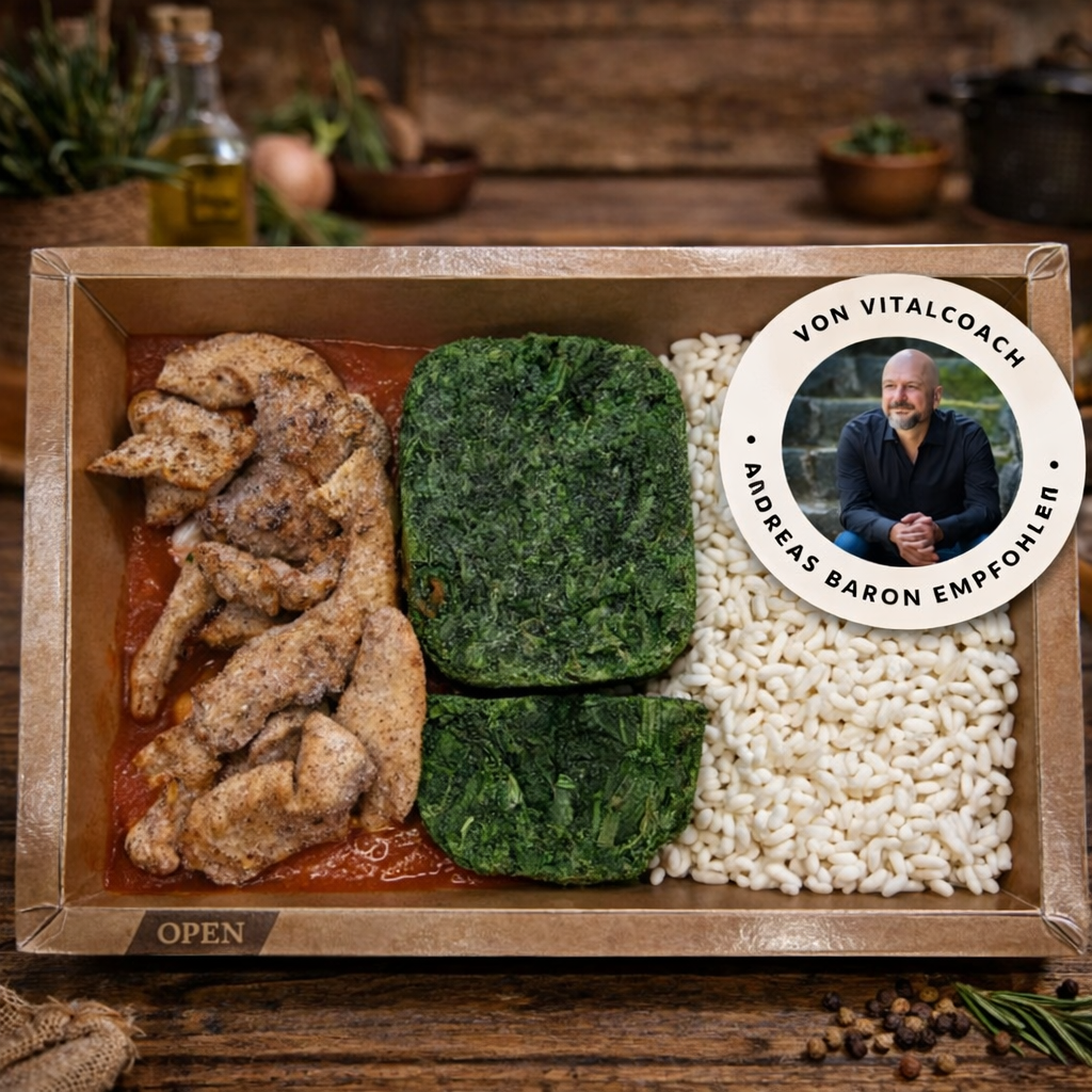 Hähnchenbrust mit Tomatenrahmsoße, Blattspinat & Langkornreis AB