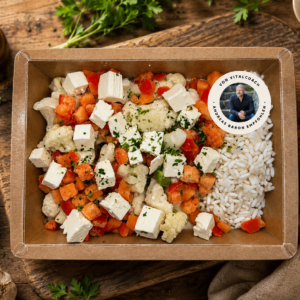 Blumenkohl-Tomaten-Pfanne mit Frischkäse-Kräutersoße & Hirtenkäse & Reis VEGI