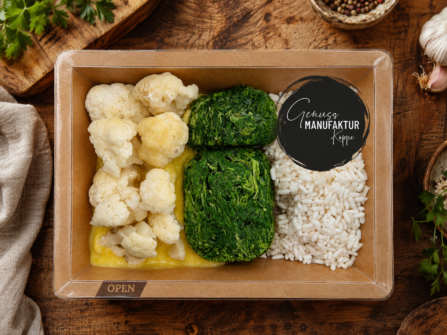 Blumenkohl mit Kokos-Currysoße, Spinat & Reis VEGAN